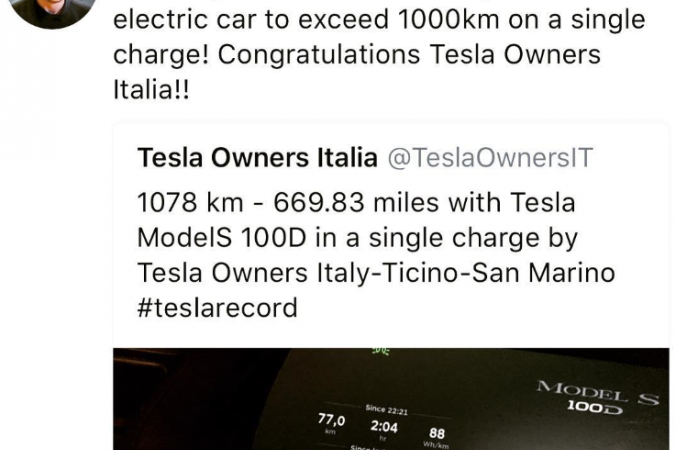 Recordpoging geslaagd: Tesla Model S rijdt 1.000 km op 'een volle batterij'